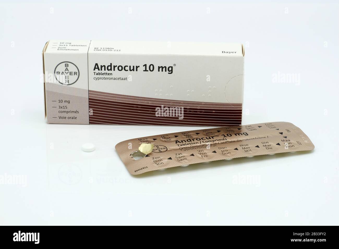 Androcur (cyproteronacetat) 10mg-Packung und -Tabletten, hergestellt von Bayer Stockfoto