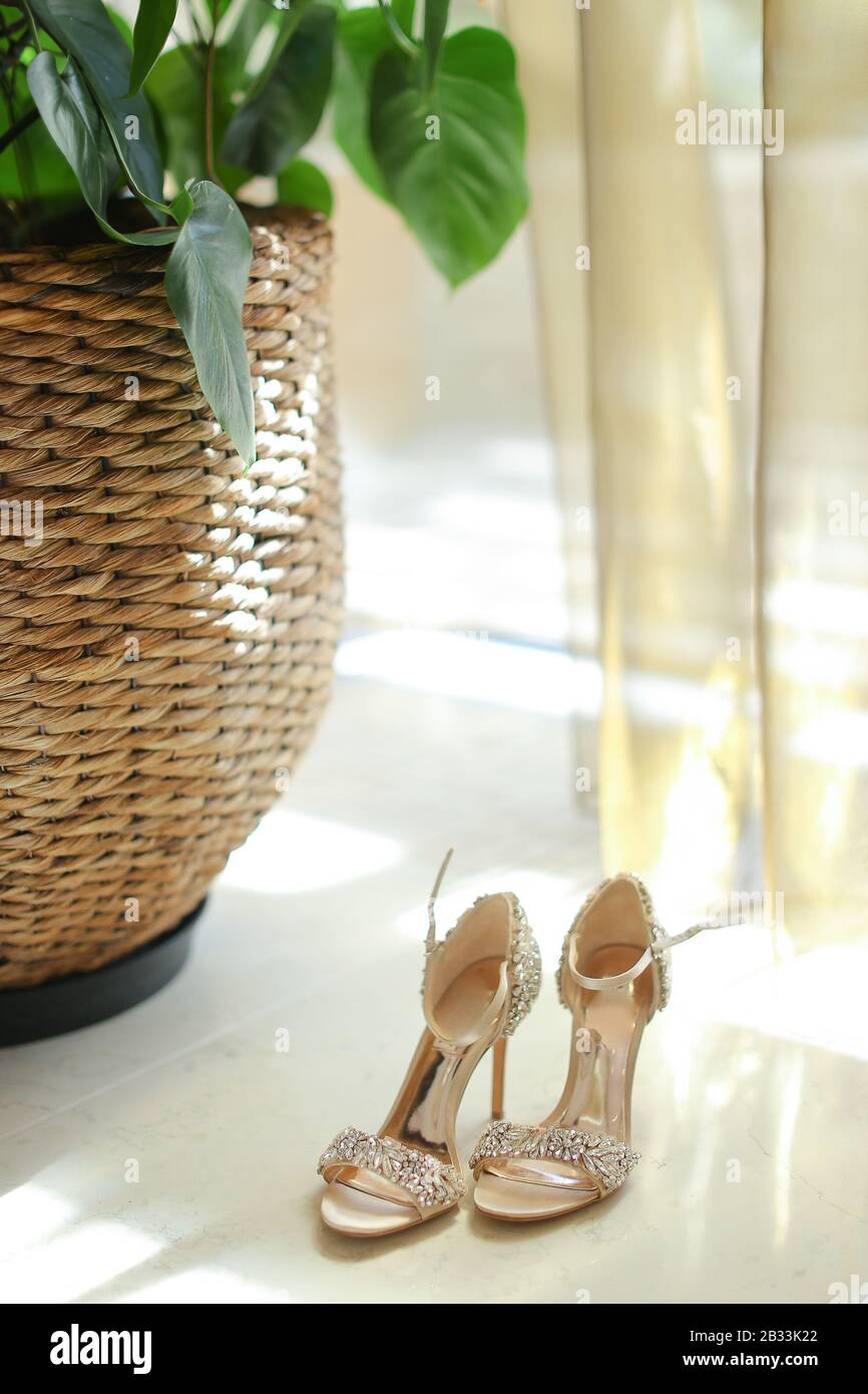 Schuhe der Brautpaar in der Nähe von Korb mit Hausbeet. Stockfoto