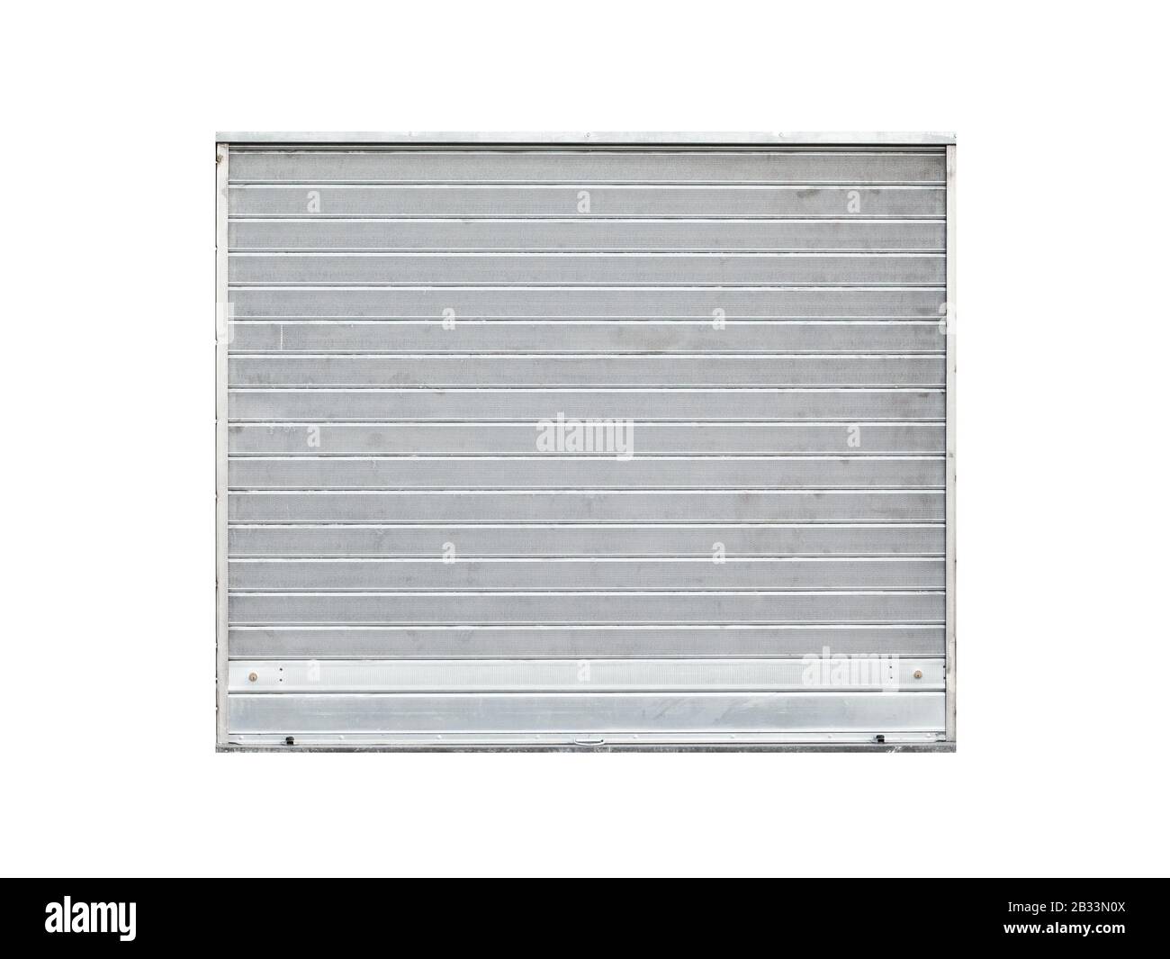 Graues metallisches Lagertor auf weißem, flachem Hintergrund isoliert Stockfoto