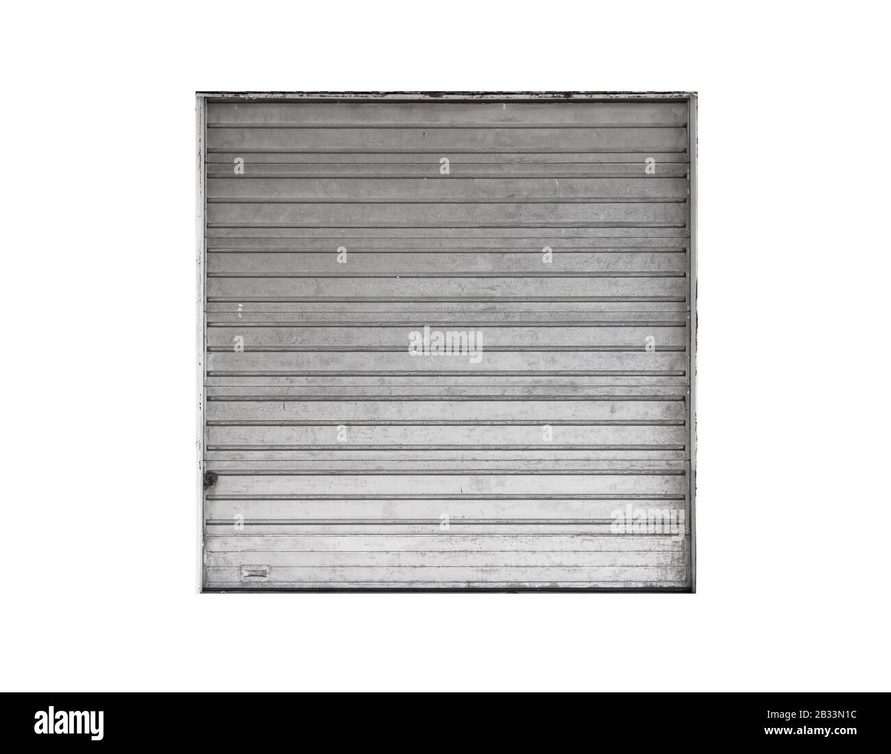 Geschlossene graue Metallic-Lagertor isoliert auf weißer Fotostruktur mit flachem Hintergrund Stockfoto