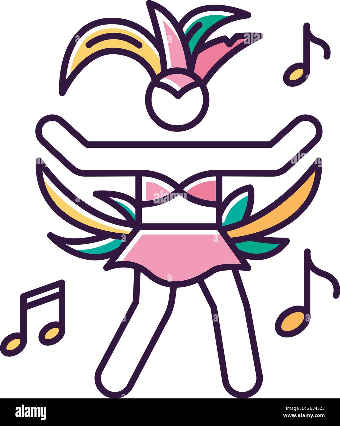 Tanzende Dame, orangefarbenes RGB-Farbsymbol. Samba. Damen Karneval Kostüm. Karneval in Brasilien. Traditionelle Musik. Volksfest. Nationalfeiertag Stock Vektor