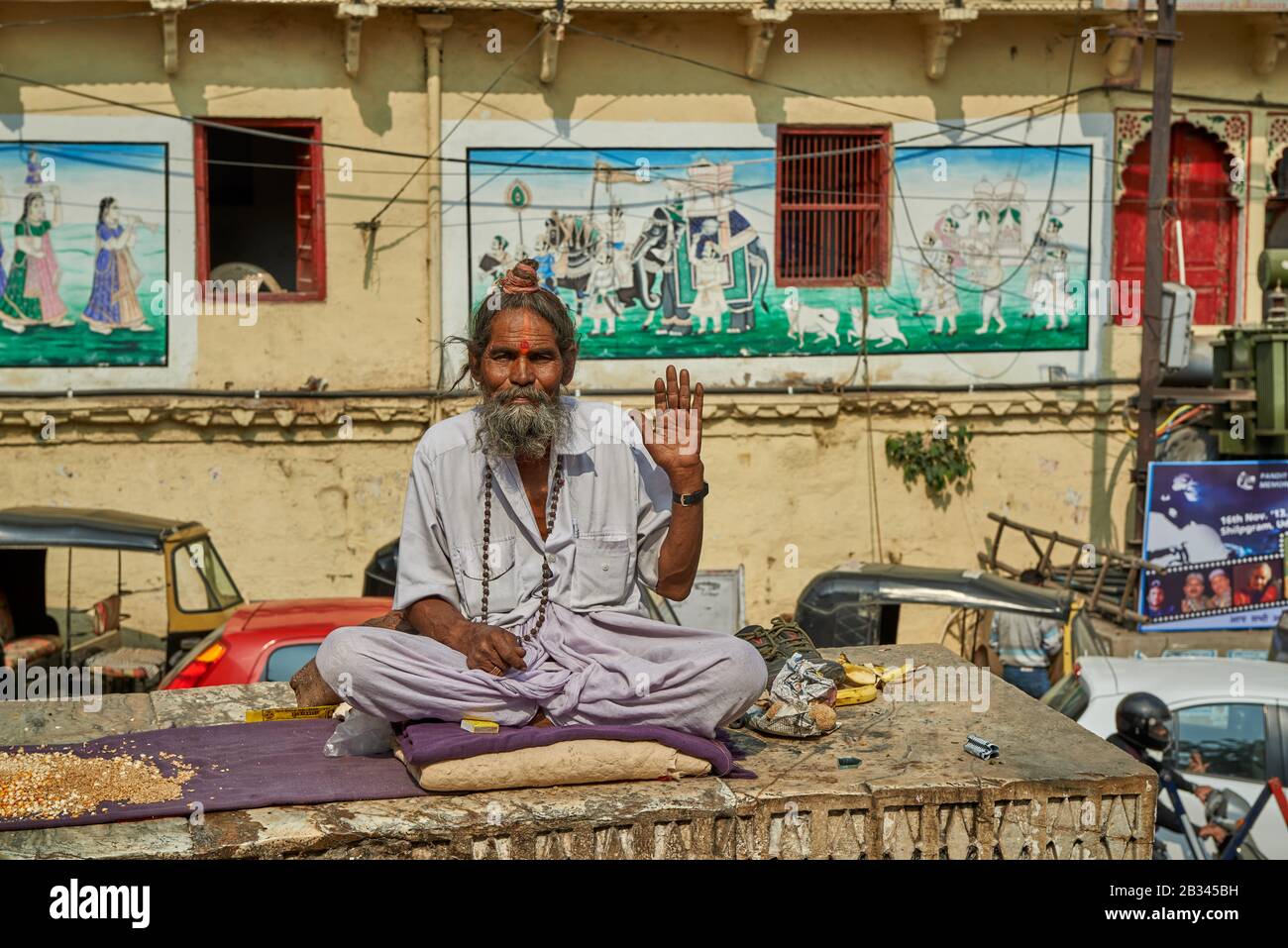 Porträt eines hinduistischen Heiligen Mannes mit Bart in Udaipur, Rajasthan, Indien Stockfoto