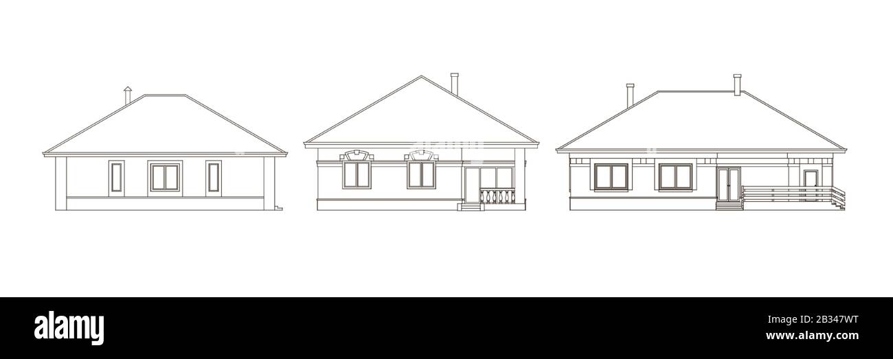 Satz architektonischer Fassaden von Häusern. Die Zeichnung der Cottages. Isoliert auf weißem Hintergrund. Vector Monochrom-Abbildung EPS10 Stock Vektor