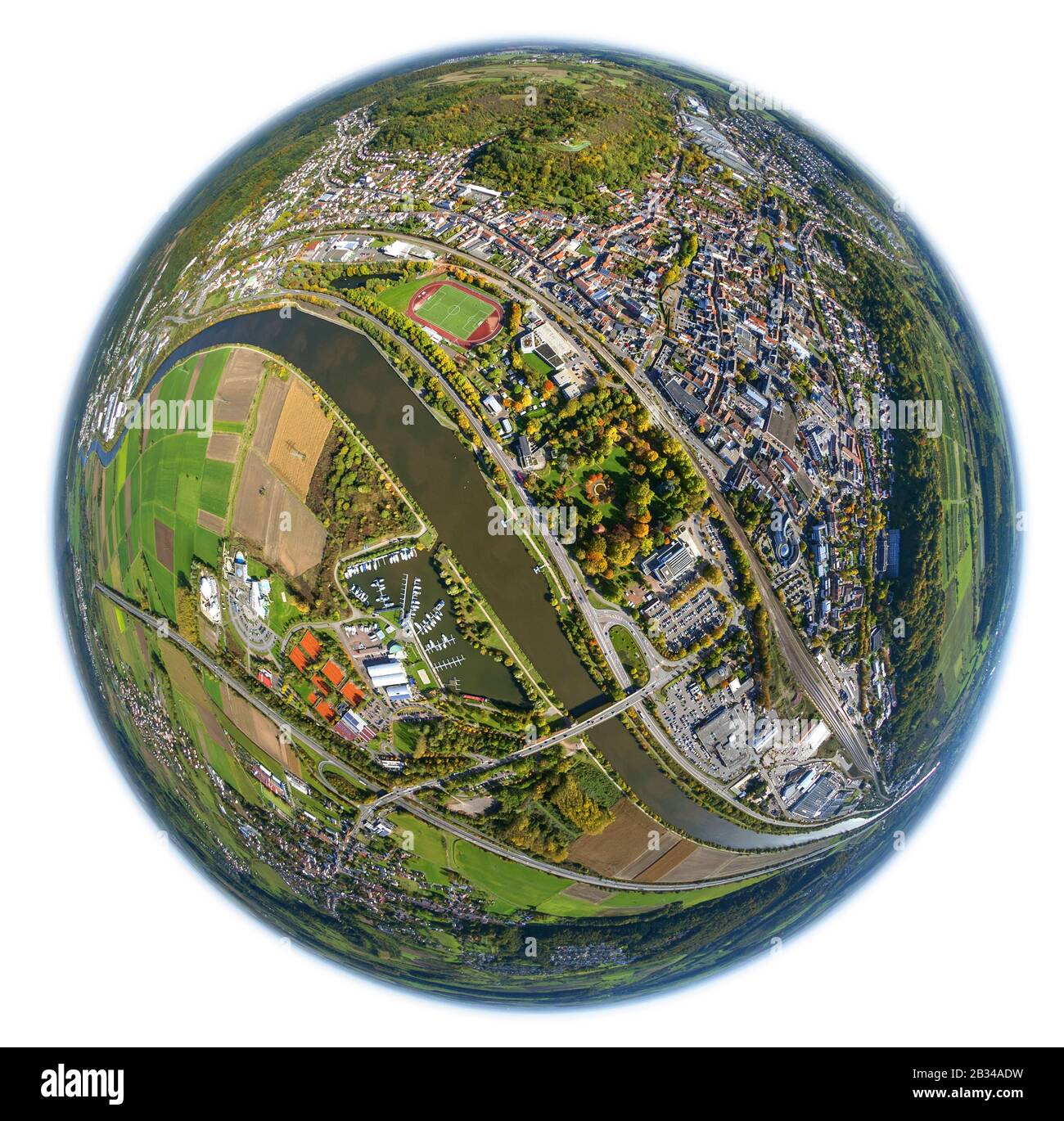 , Saar mit der Lorraine Brücke in Merzig, Luftbild, Deutschland, Saarland, Merzig Stockfoto