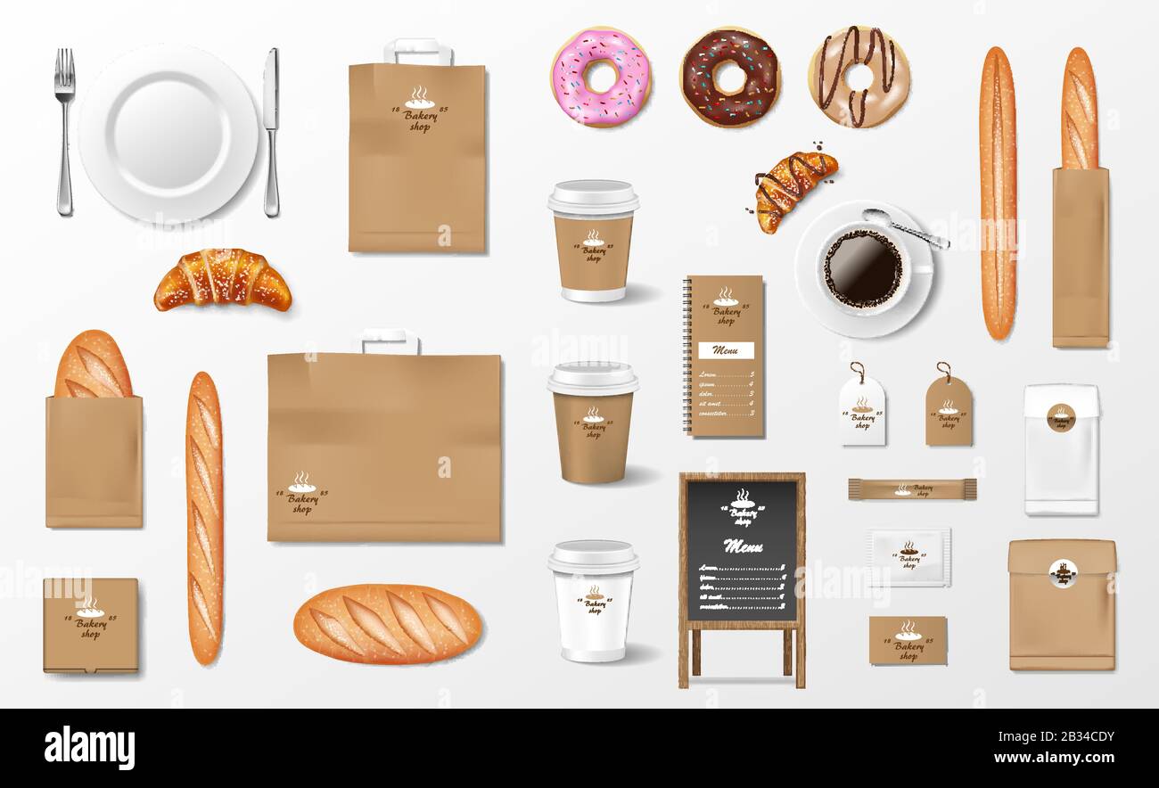 Spott für Bakery Shop, Café, Restaurant Markenidentität. Realistisches Bakery-Paket verpacken Becher, Packung, Baguette, Croissant, Papiertasche, gebackenes Brot und Stock Vektor