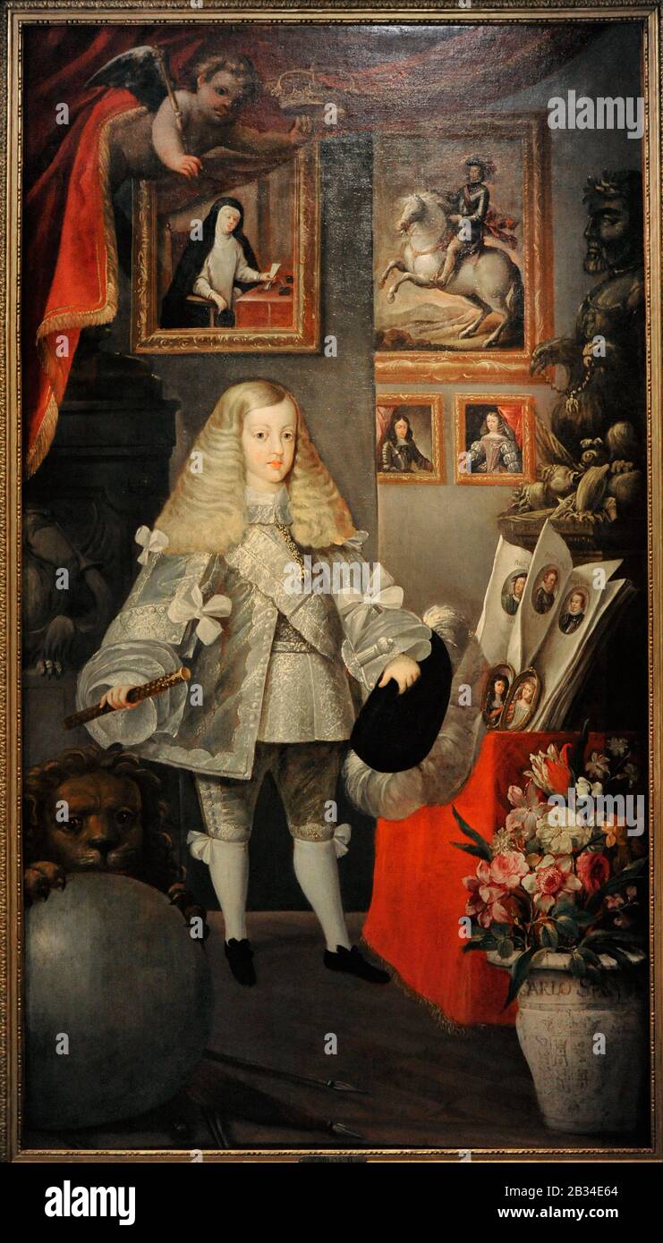 Carlos II (1661-1700). König von Spanien. Karl II. Kleinkind mit seinen Vorfahren, ca. 1667. Porträt von Sebastian de Herrera Barnuevo (1619-1671). Lazaro Galdiano Museum. Madrid. Spanien. Stockfoto