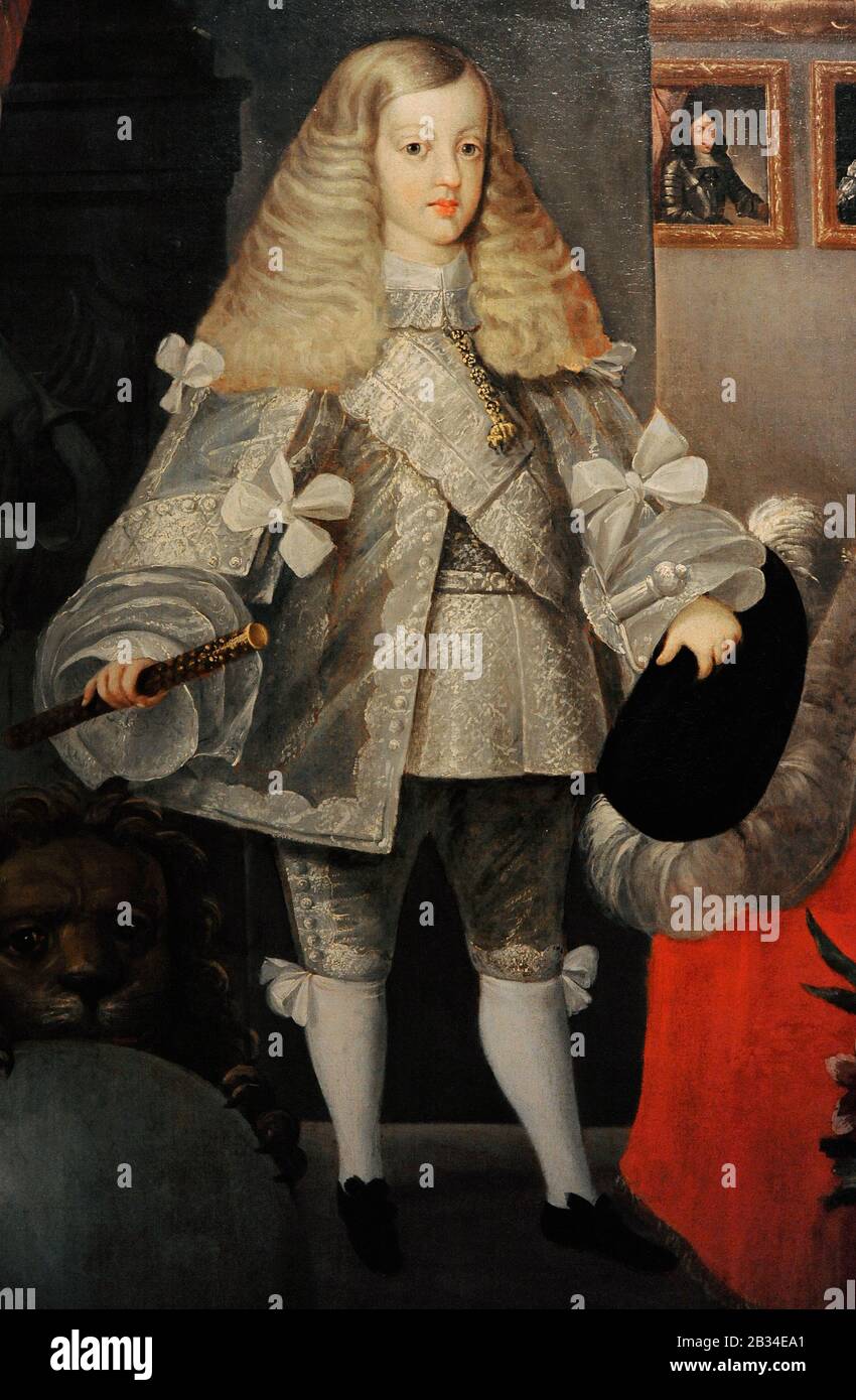 Carlos II (1661-1700). König von Spanien. Karl II. Kleinkind mit seinen Vorfahren, ca. 1667. Porträt von Sebastian de Herrera Barnuevo (1619-1671). Details. Lazaro Galdiano Museum. Madrid. Spanien. Stockfoto