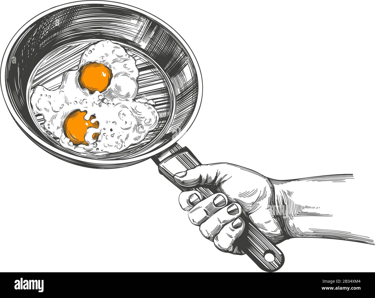 Spiegeleier werden in einer Pfanne in der Hand gekocht, gekocht, Küche,  handgezeichnete Vektorgrafik realistische Skizze Stock-Vektorgrafik - Alamy