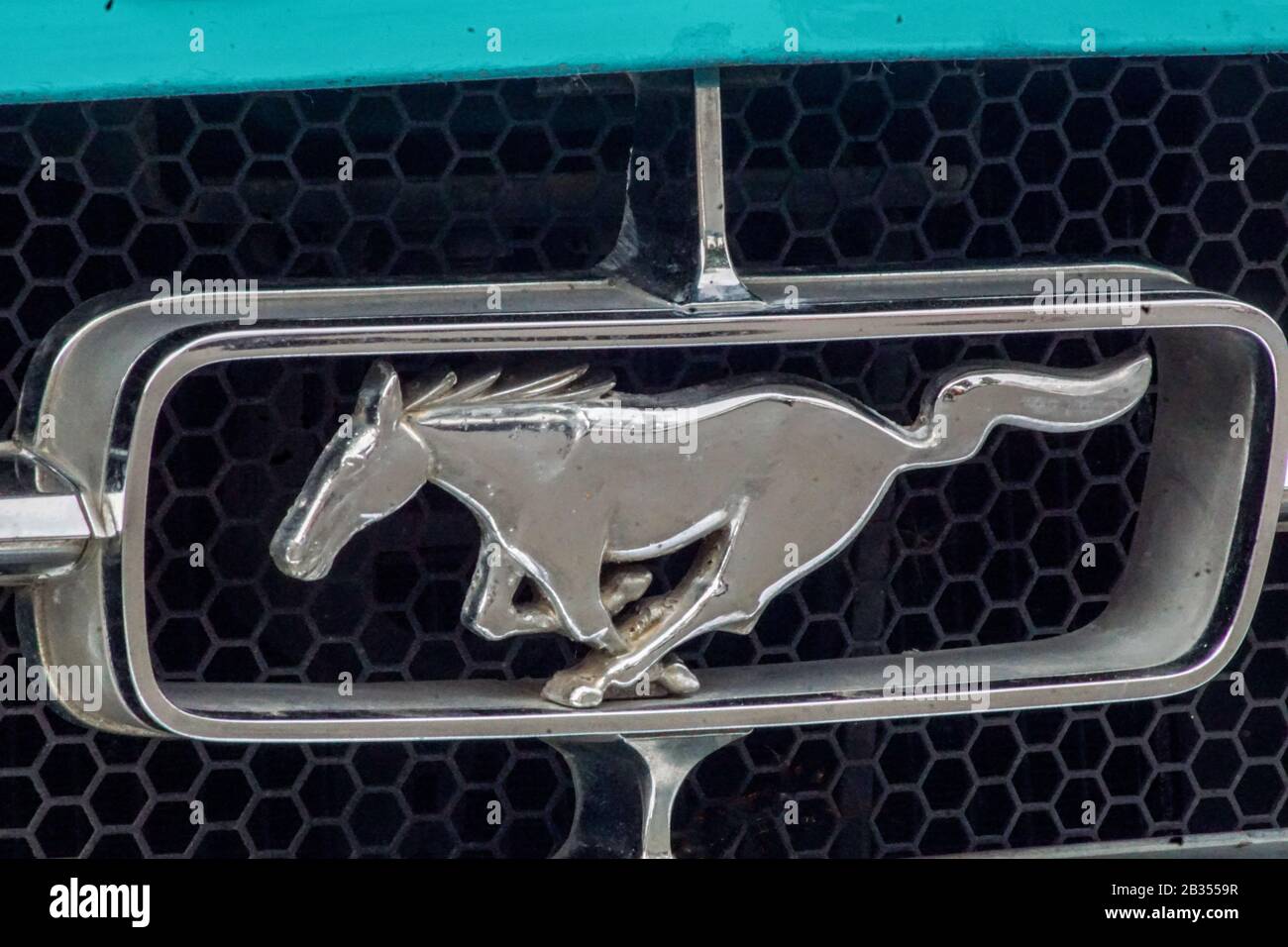 Welfenallee, Berlin, Deutschland - 16. juni 2018: Logo Wildpferd auf einem alten Mustang Oldtimer Auto Stockfoto