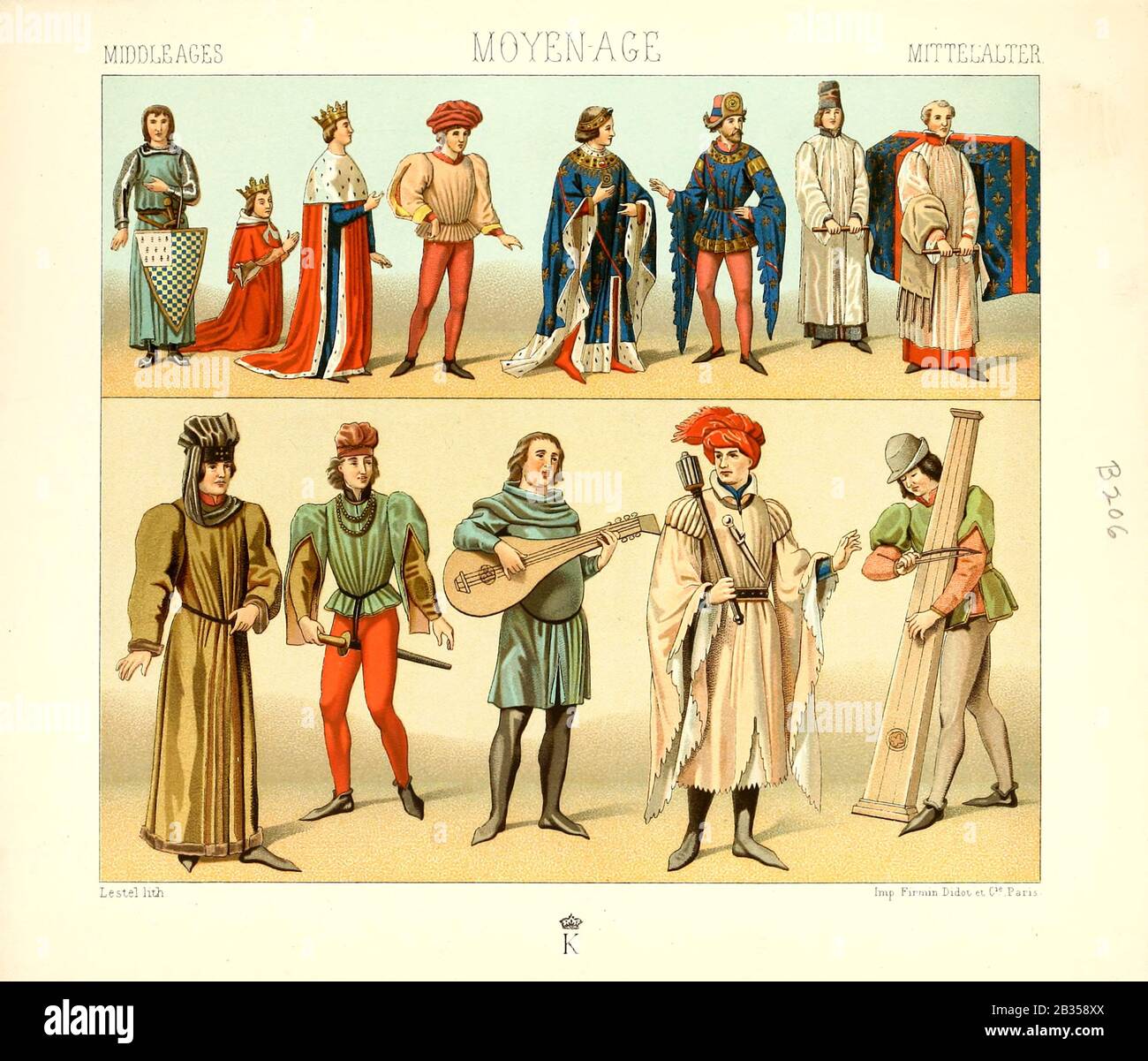 Alteuropäische Mode und Lebensart, Mittelalter aus Geschichte des Kostums in chronologischer entwicklung (Geschichte der Tracht in chronologischer Entwicklung) von Racinet, A. (Auguste), 1825-1893. Und Rosenberg, Adolf, 1850-1906, Band 3 gedruckt in Berlin im Jahr 1888 Stockfoto