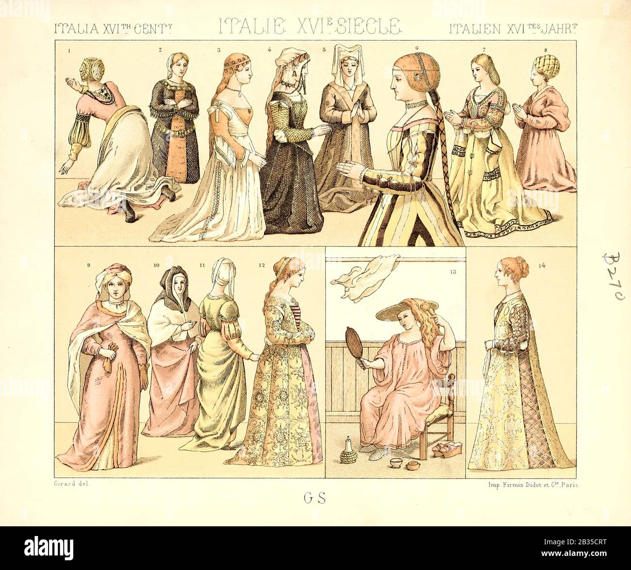 Altitalienische Mode und Lifestyle, 16. Jahrhundert aus Geschichte des Kostums in chronologischer entwicklung (Geschichte der Tracht in chronologischer Entwicklung) von Racinet, A. (Auguste), 1825-1893. Und Rosenberg, Adolf, 1850-1906, Band 3 gedruckt in Berlin im Jahr 1888 Stockfoto