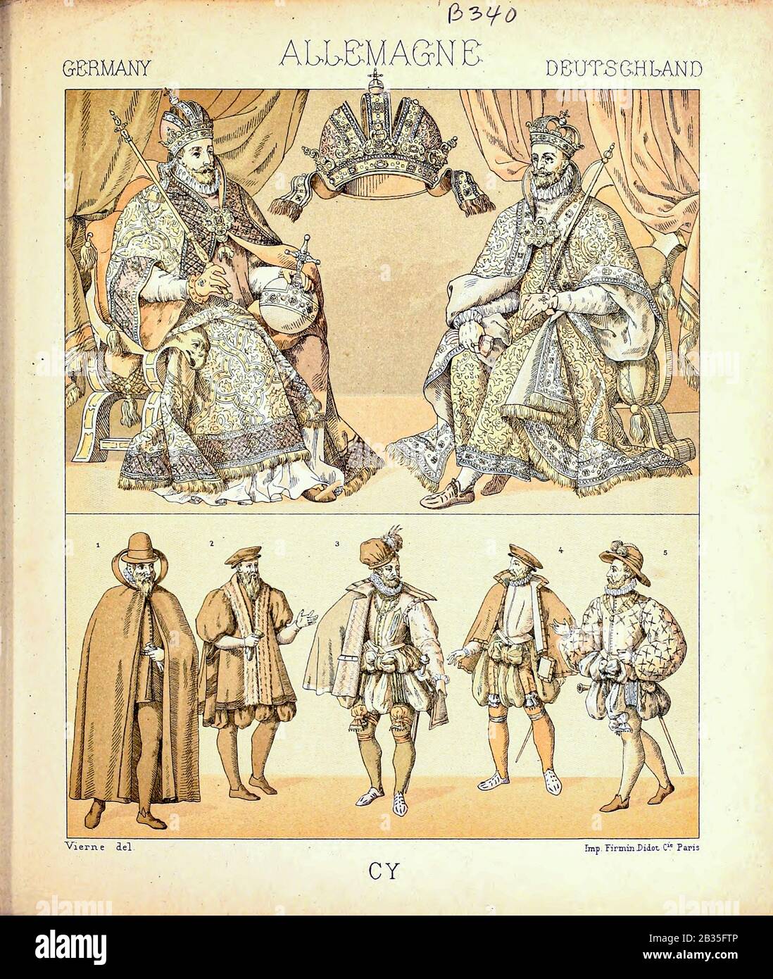 Althochdeutsche Mode und Lifestyle, 15. Jahrhundert aus Geschichte des Kostums in chronologischer entwicklung (Geschichte der Tracht in chronologischer Entwicklung) von Racinet, A. (Auguste), 1825-1893. Und Rosenberg, Adolf, 1850-1906, Band 3 gedruckt in Berlin im Jahr 1888 Stockfoto