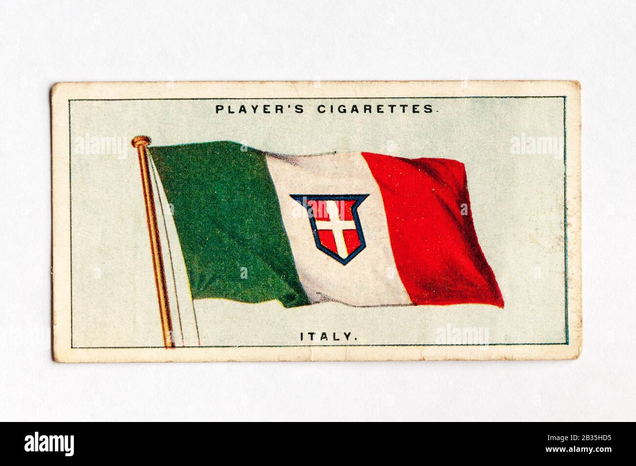 Die Zigarettenkarte des Spielers in Flags der Serie League of Nations zeigt die Flagge Italiens. Ausgabe Von 1928. Stockfoto