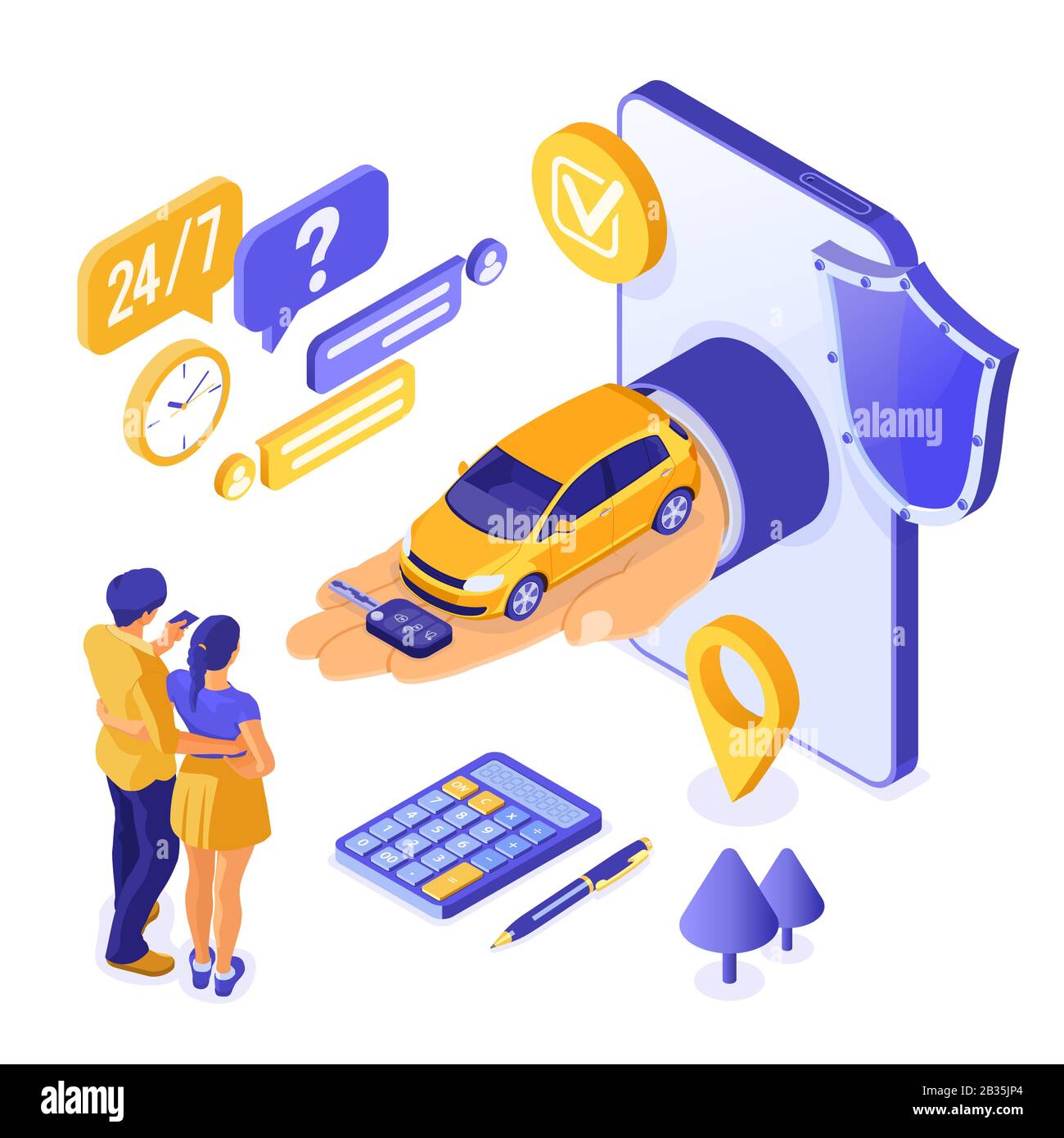 Online-Verkauf Mietwagenverkauf Car Isometric Stock Vektor