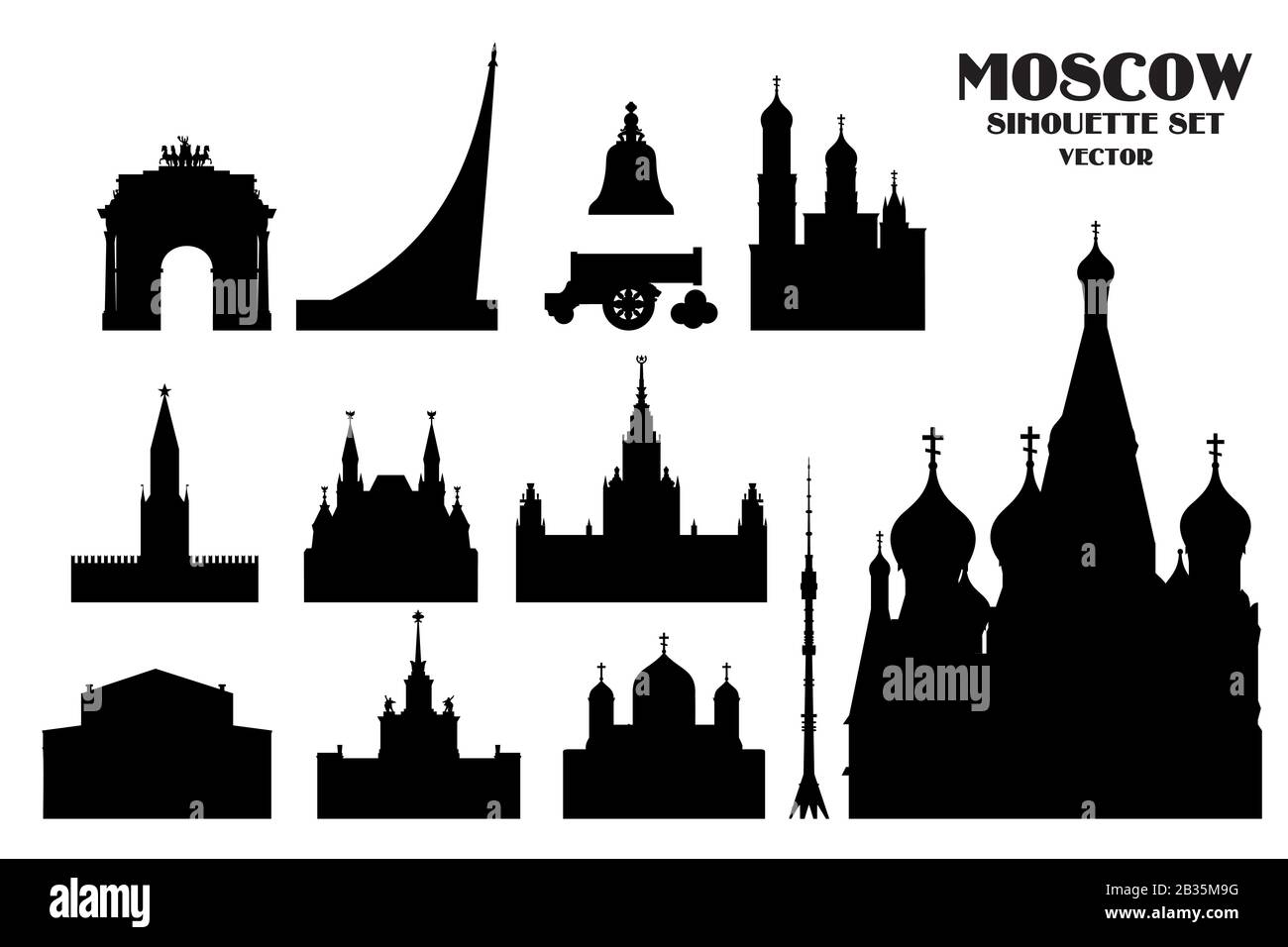 Satz von Vektor-Silhouette-Illustration von Wahrzeichen Moskaus, Russlands. Moskauer monochrome Vektorgrafiken isoliert auf weißem Hintergrund. Moskau Stock Vektor