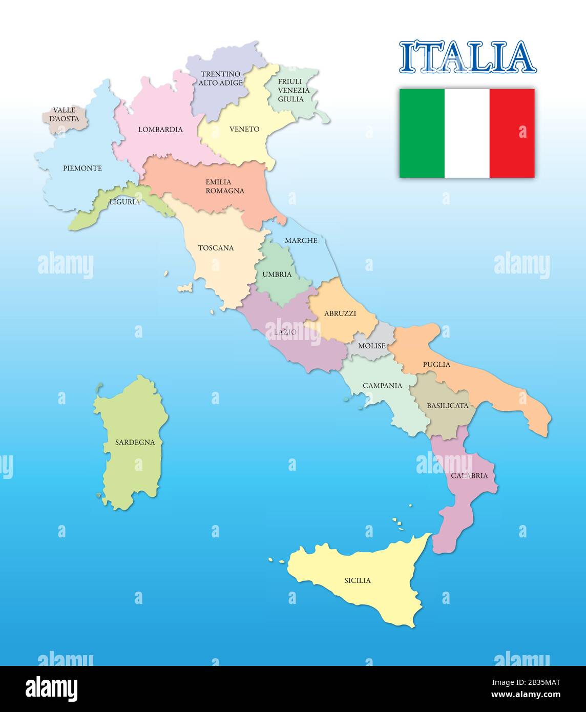 Regionale Karte Italiens und italienische Flagge, Gebietsunterteilung, Vektorgrafiken Stock Vektor