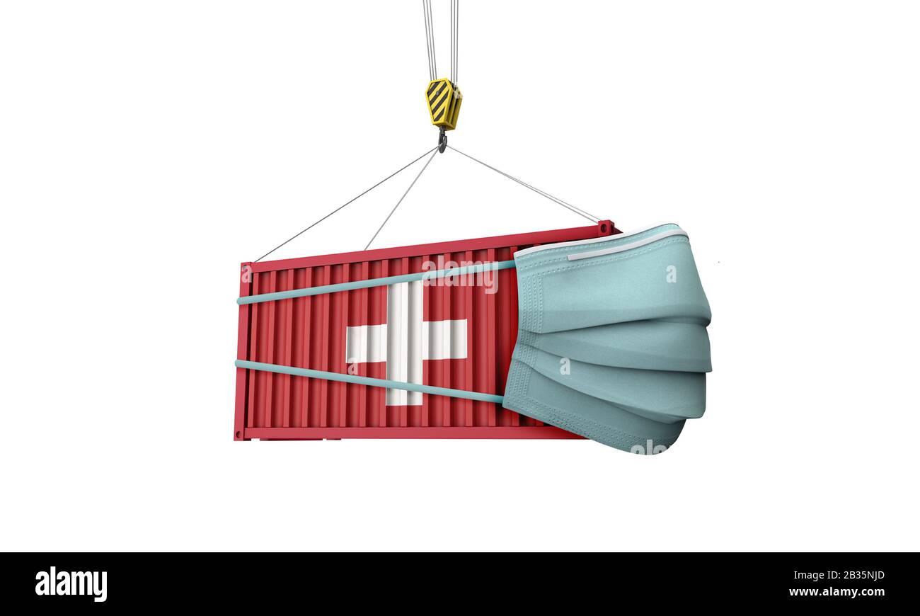 Frachtcontainer der Schweizer Flagge mit Schutzmaske. 3D-Rendering Stockfoto