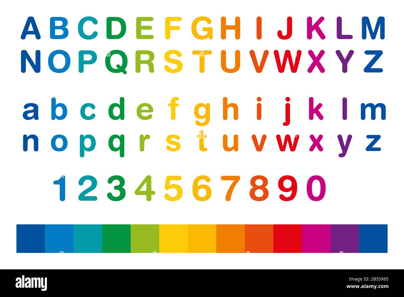 Rainbow-farbiges Alphabet und Zahlen in einer Reihe. Standardsatz von Buchstaben von A bis Z in Groß- und Kleinbuchstaben, auch die zehn Zahlen von eins bis Null. Stockfoto