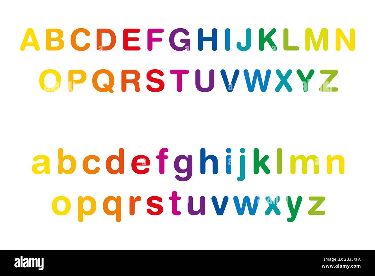 Rainbow-farbiges Alphabet, Groß- und Kleinschreibung, in einer Reihe. Mehrfarbige Standardbriefe von A bis z. Isolierte Darstellung auf weißem Hintergrund Stockfoto