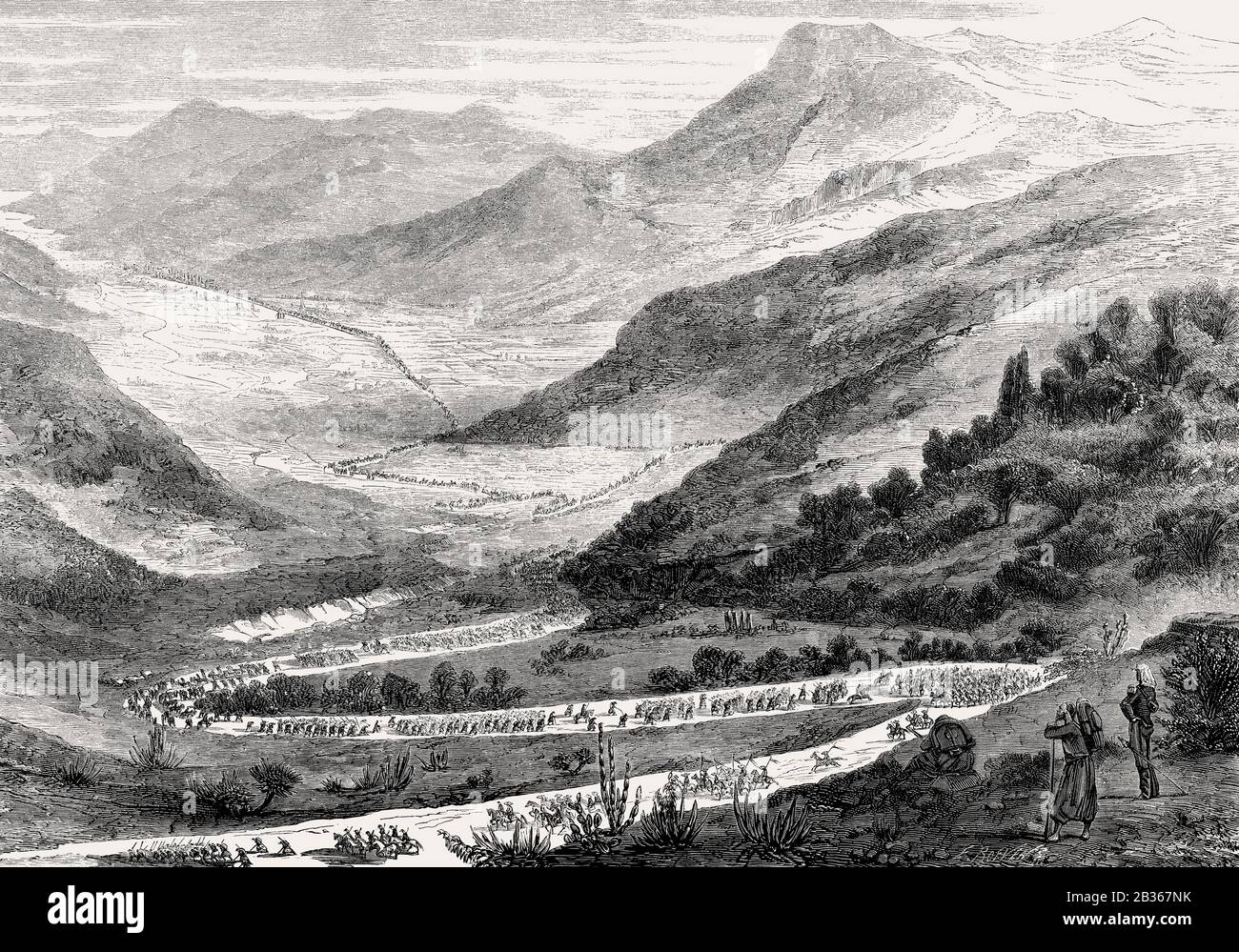 Französische Truppen marschierten nach Puebla, Mexiko, Dem Zweiten französisch-mexikanischen Krieg, im Nationalpark Iztaccíhuatl-Popocatépetl, im Jahr 1863 Stockfoto