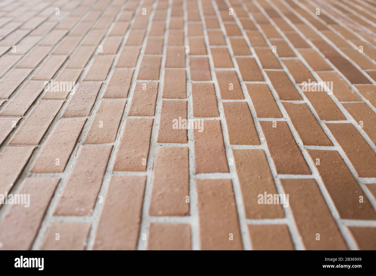 Eine braune Wand aus Keramikziegeln mit Leckstelle und selektivem Fokus für Hintergrund- oder Baustoffressourcen Stockfoto