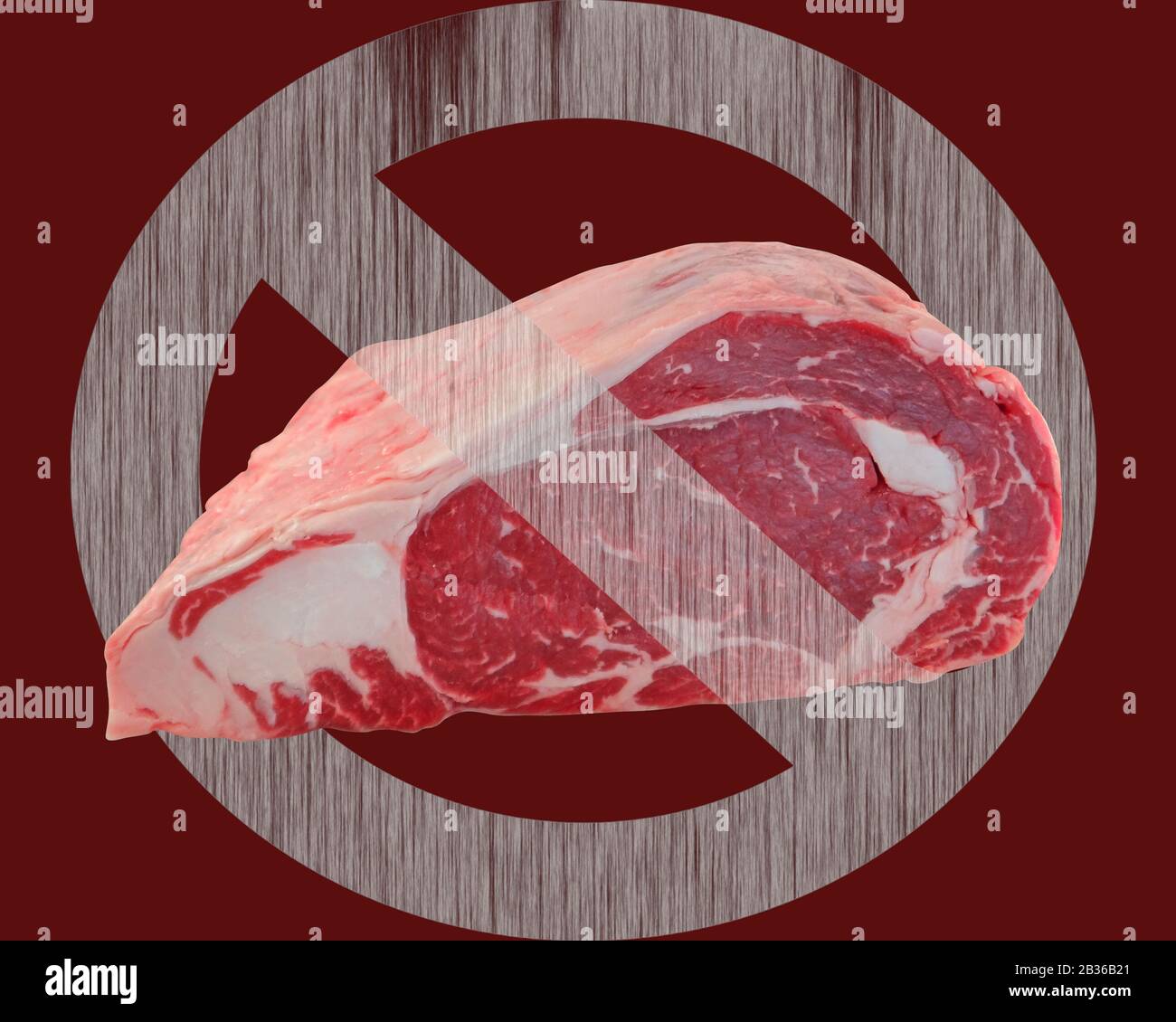 Fleischstück mit Verbotsschild "Schlachtung des Topkonsums Stockfoto