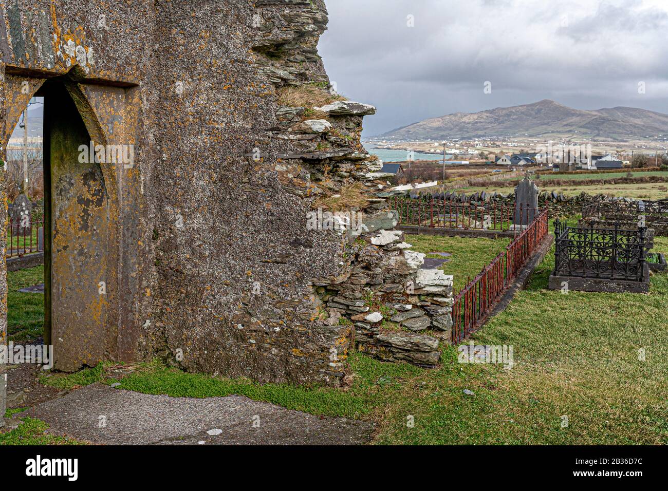 Ruinierte Kirche auf Valentia Island, County Kerry, Irland Stockfoto