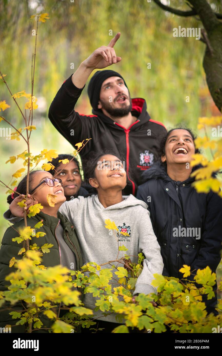 Ein Jahr 7 Bushcraft Unterricht an einer weiterführenden Schule, Großbritannien. Stockfoto