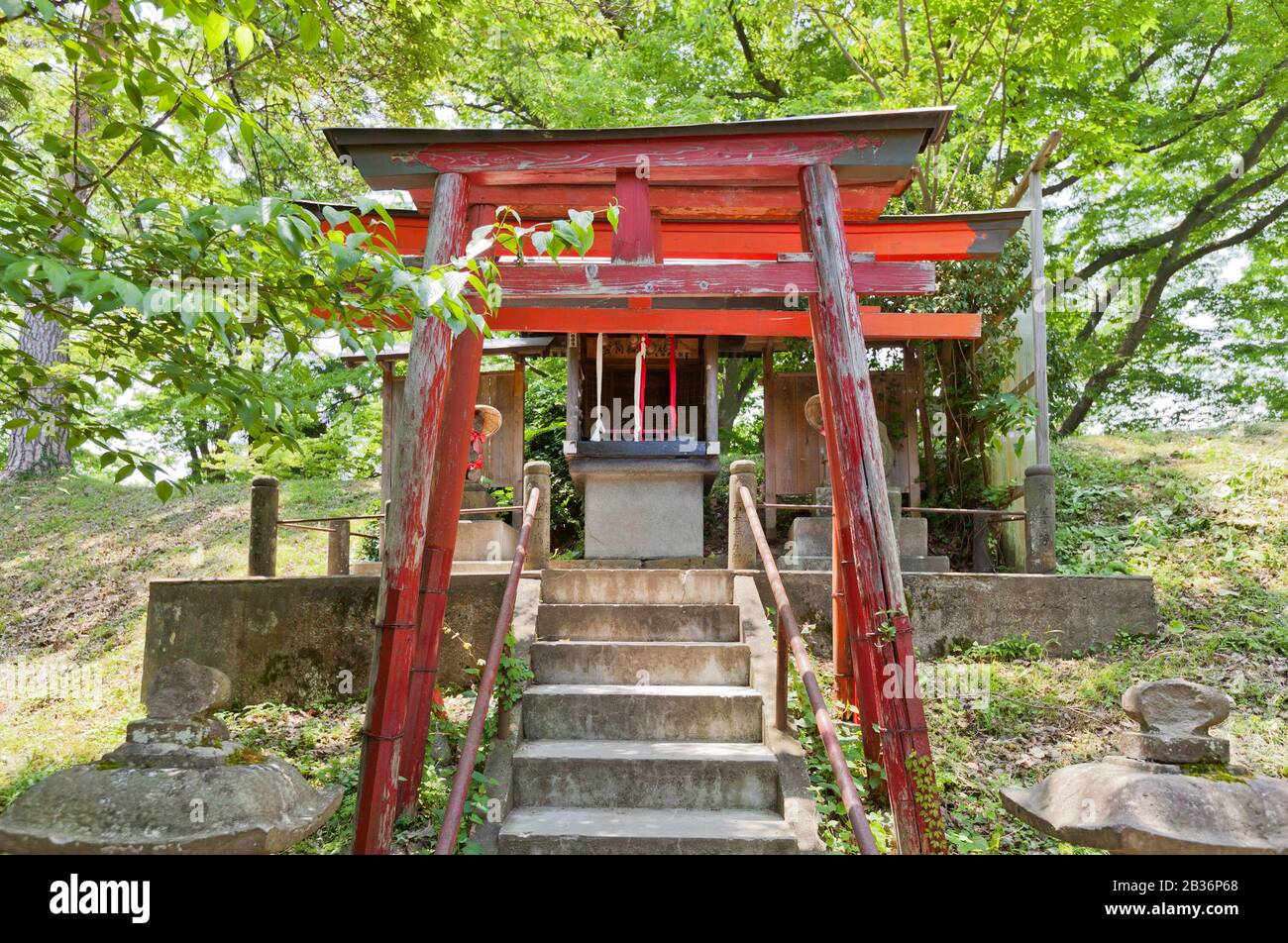 Inari Shinto Shrine in Aizu-Wakamatsu Castle, Japan. Inari ist die Fruchtbarkeitsgottheit, Reis, Tee, Sake, Landwirtschaft, Industrie, allgemeiner Wohlstand Stockfoto