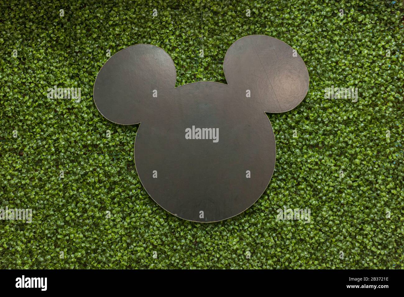 Florianopolis - Brasilien. Februar 2020: Schöne grüne Wandgrasplatte. Schwarzes Holz in Form von Mickey Mouse auf dem Panel. Kopierbereich. Stockfoto
