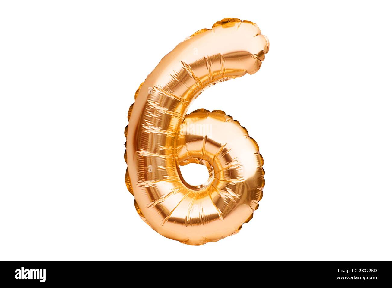 Nummer 6 sechs, aus goldenem aufblasbarem Heliumballon. Gold Foil Ballon Schrift Teil des vollen Zahlensatzes, isoliert auf weiß. Geburtstagsfeier Stockfoto