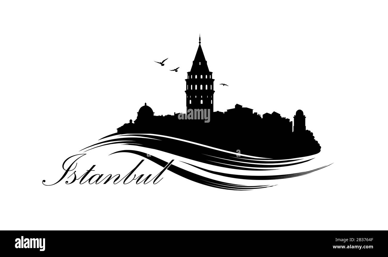 Skyline der Stadt Istanbul mit berühmtem türkischem Reise-Wahrzeichen. Touristische Ikone der Stadt Istanbul. Silhouette im Stadtbild. Architekturschild mit Schriftzug Istn Stock Vektor