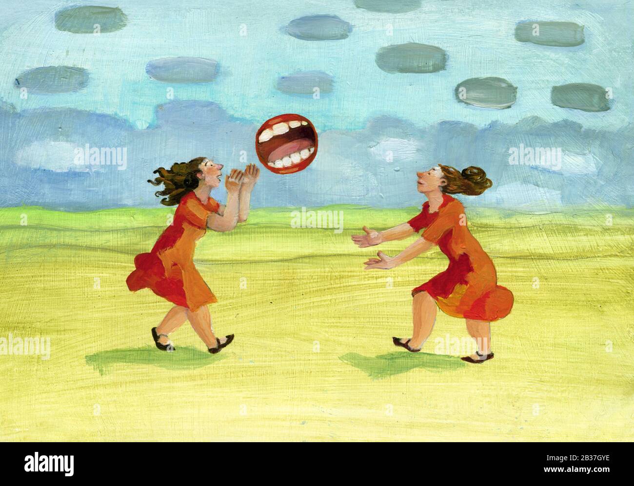 Zwei Frauen spielen Volleyball mit einem großen Mund-Themen-Feedback in der Kommunikation Stockfoto
