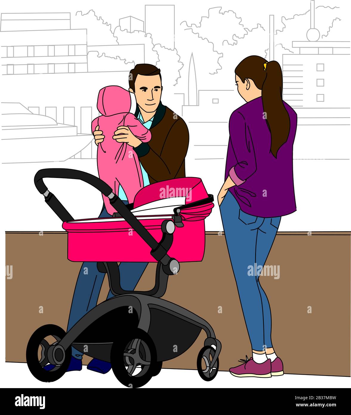 Familie. Mutter, Papa und Baby. Eltern Gehen Mit Dem Kind, Dad Hält Die Tochter In Den Armen. Modernes flaches Vektorbild Isoliert auf weißem Hintergrund. Stock Vektor