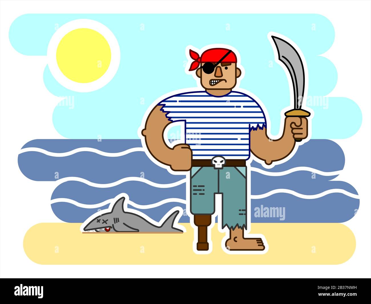 Einäugiger Pirat Mit SÄBEL, In EINER Bandana, Mit EINEM Prothetischen Bein aus Holz, Cartoon-Charakter. Wütende Piraten Am Meer, in der Nähe EINES toten Haifisches. Zum Drucken Stock Vektor
