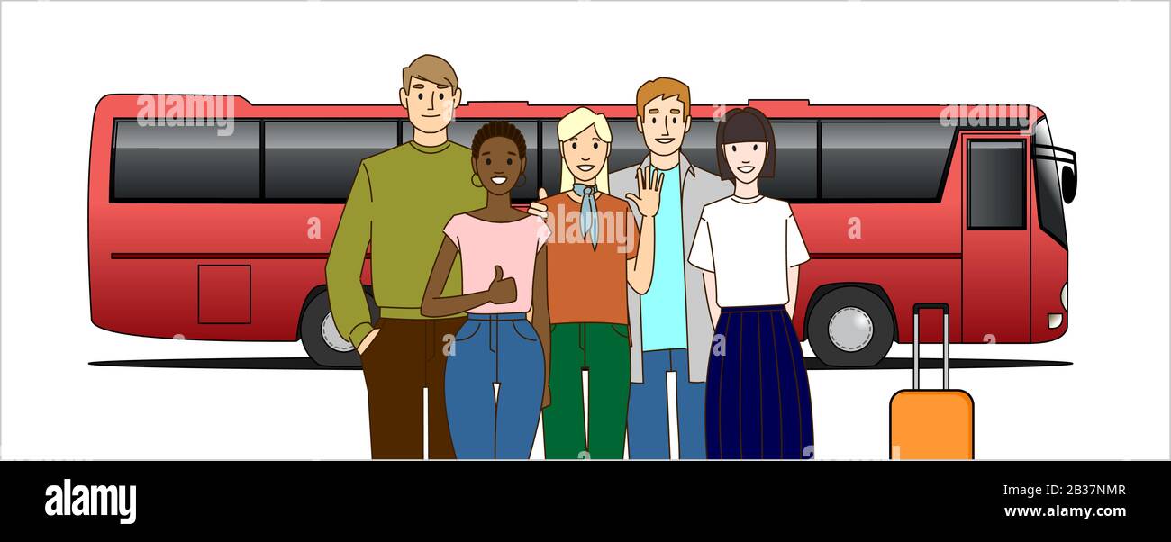 Eine Gruppe Junger Leute Vor der Busfahrt. Jungs und Mädchen Machen im Urlaub eine Bustour. Moderne flache Vektorgrafiken, isoliert auf weißem Backgroun Stock Vektor