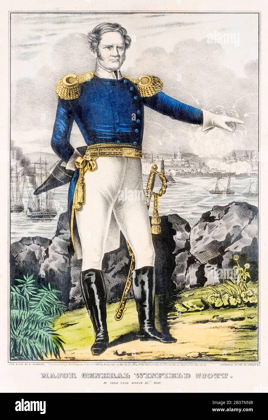 Major General Winfield Scott (1786-1866) in der Schlacht von Vera Cruz, 25. März 1847, Portraitdruck von Nathaniel Currier, 1847-1848 Stockfoto