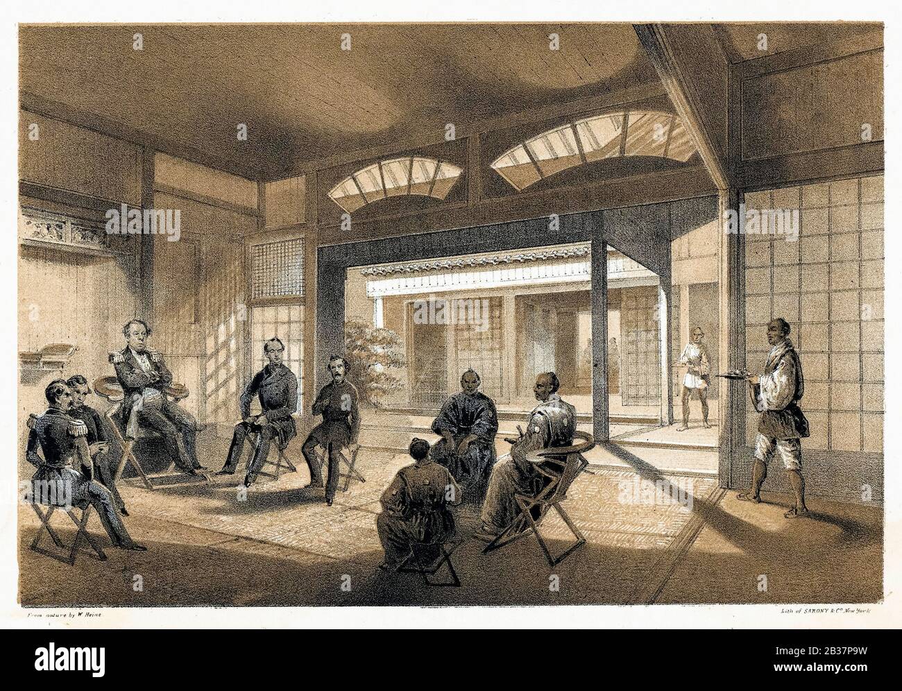 Commodore Matthew C Perry bei Handelsgesprächen im Konferenzraum in Hakodadi, Japan, Print 1856 Stockfoto