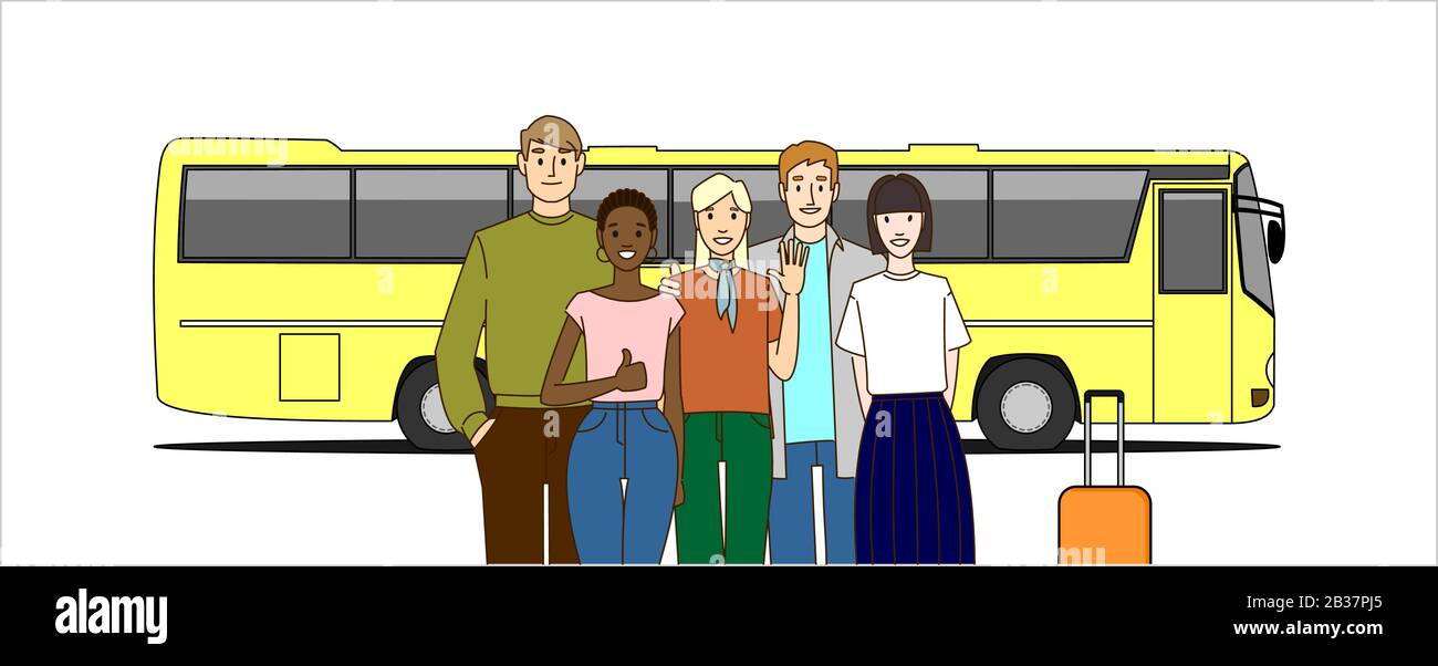 Eine Gruppe Junger Leute Vor der Busfahrt. Jungs und Mädchen Machen im Urlaub eine Bustour. Moderne flache Vektorgrafiken, isoliert auf weißem Backgroun Stock Vektor
