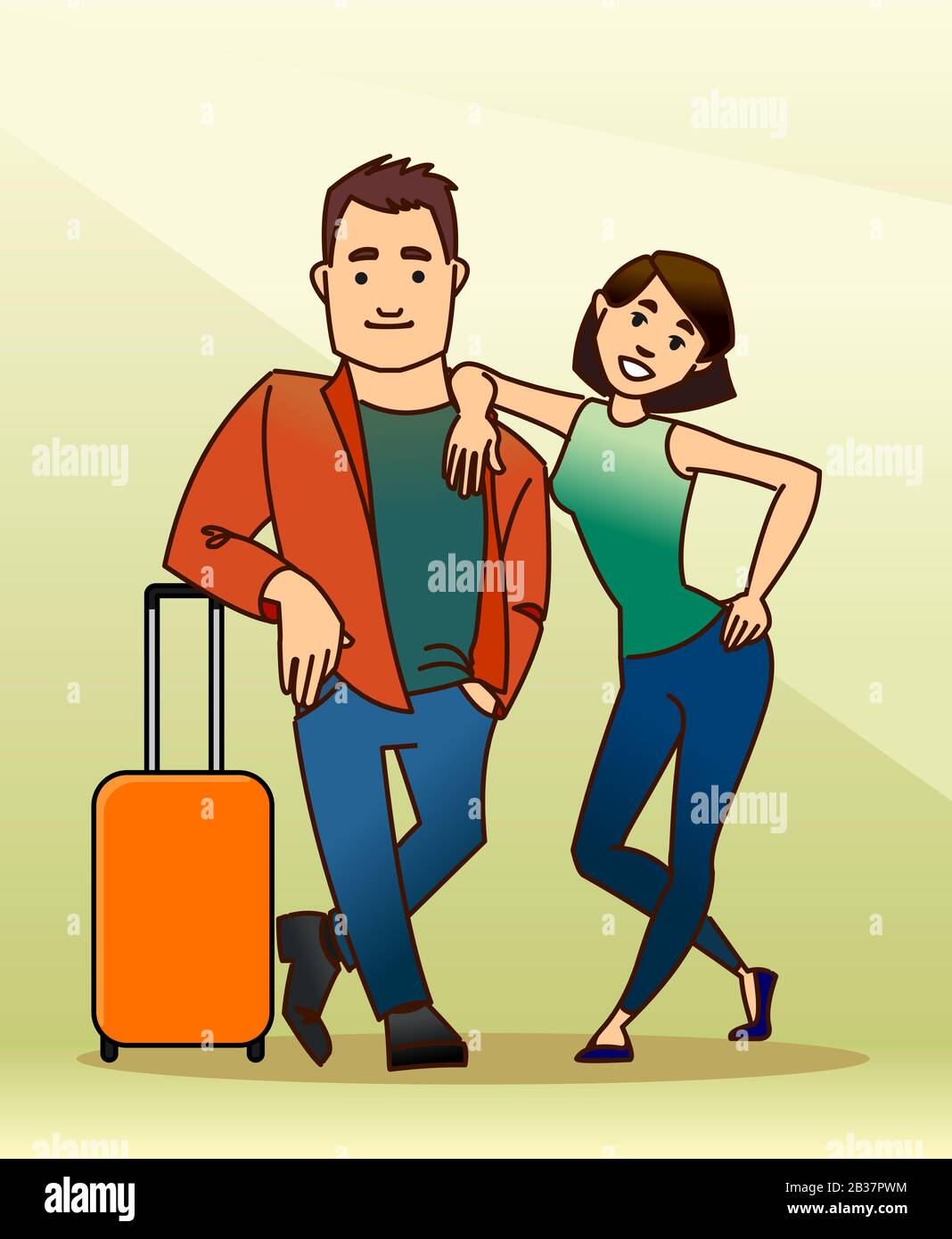 Der Kerl und das Mädchen gehen in den Urlaub. Ein Mann steht auf einem Koffer, eine Frau steht mit der Hand auf der Schulter des Mannes. Familie. Modernes flaches Vecto Stock Vektor