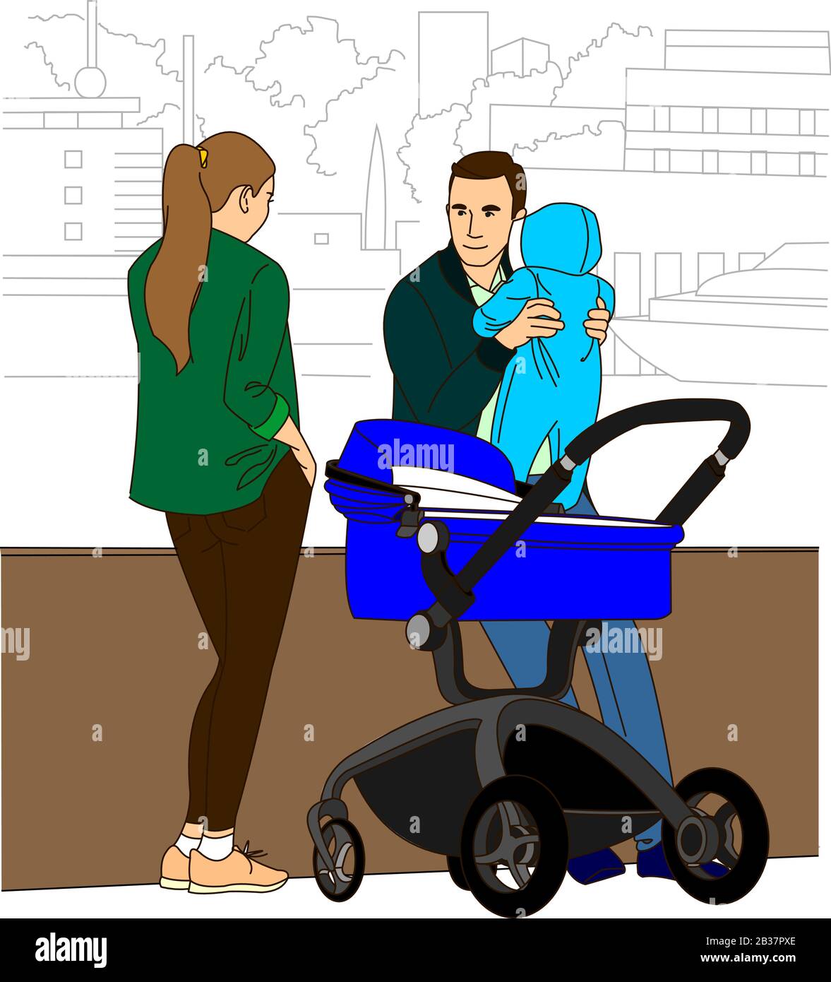 Familie. Mutter, Papa und Baby. Eltern gehen mit dem Kind, Papa hält seinen Sohn in den Armen. Modernes flaches Vektorbild isoliert auf weißem Hintergrund. Stock Vektor