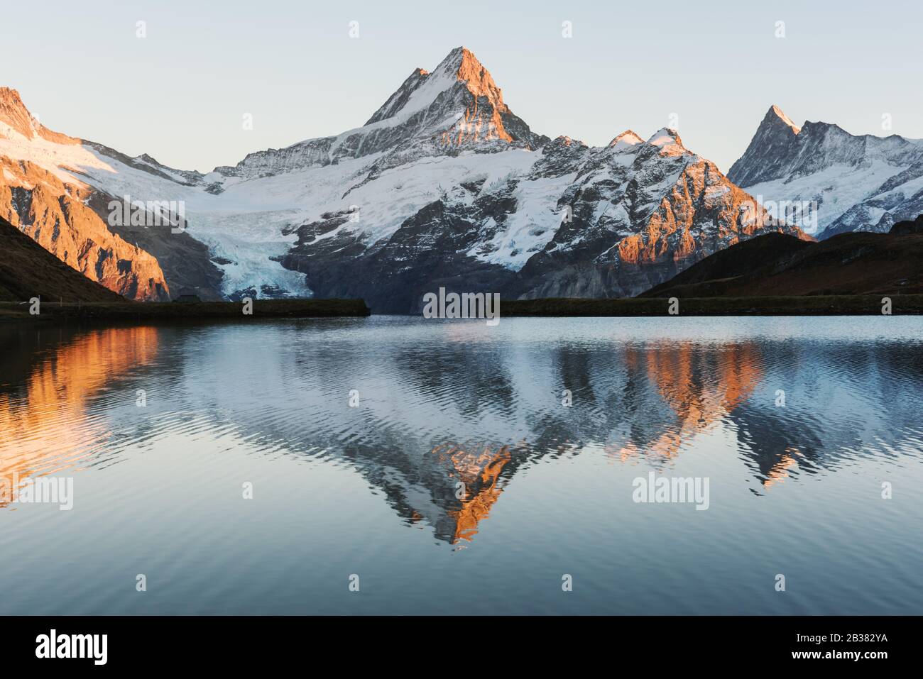 Bachalpsee See mit Reflexion in den Schweizer Alpen. Glühende schneebedeckten Gipfeln im Hintergrund. Tal von Grindelwald, Schweiz. Landschaftsfotografie Stockfoto