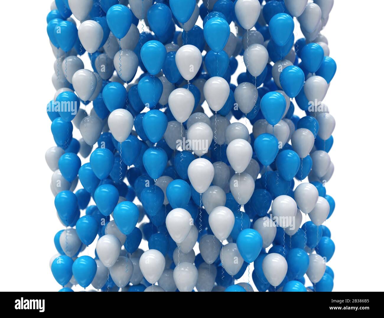 Blau-weiße Partyballons, die in einer großen Gruppe aufsteigen, isoliert auf weißem Hintergrund. 3D-Abbildung Stockfoto