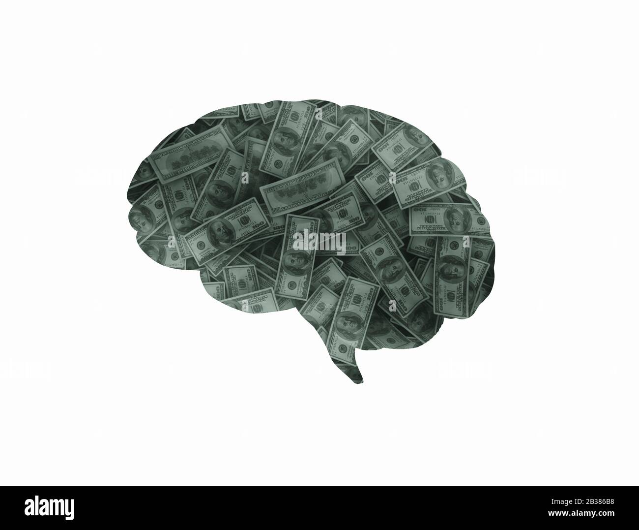 Menschliches Gehirn denkt über Geld nach. US-Bargeldscheine Gehirn auf weißem Hintergrund Stockfoto