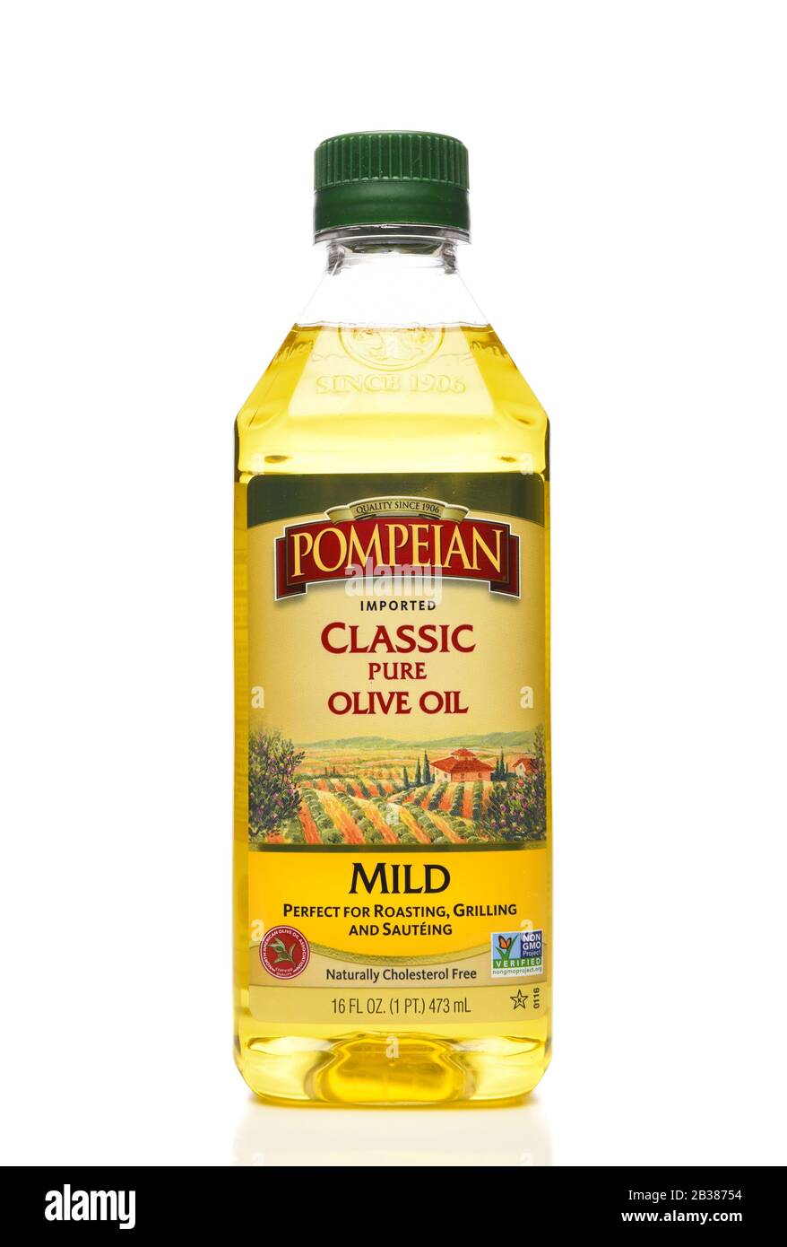 Irvine, KALIFORNIEN - 15. APRIL 22019: Pompeianisches Olivenöl. Das Öl ist natürlich Cholesterinfrei und kein GMO. Stockfoto