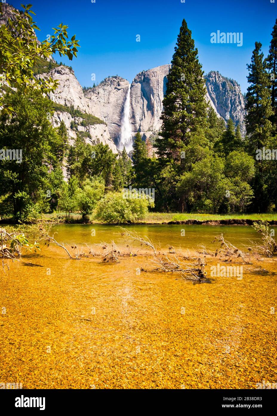 Wasserfall, vom Merced River aus gesehen, Cookwiese, South Side Dr. Yosemite National Park, in der westlichen Sierra Nevada, Zentralkalifornien, amerikanisch Stockfoto