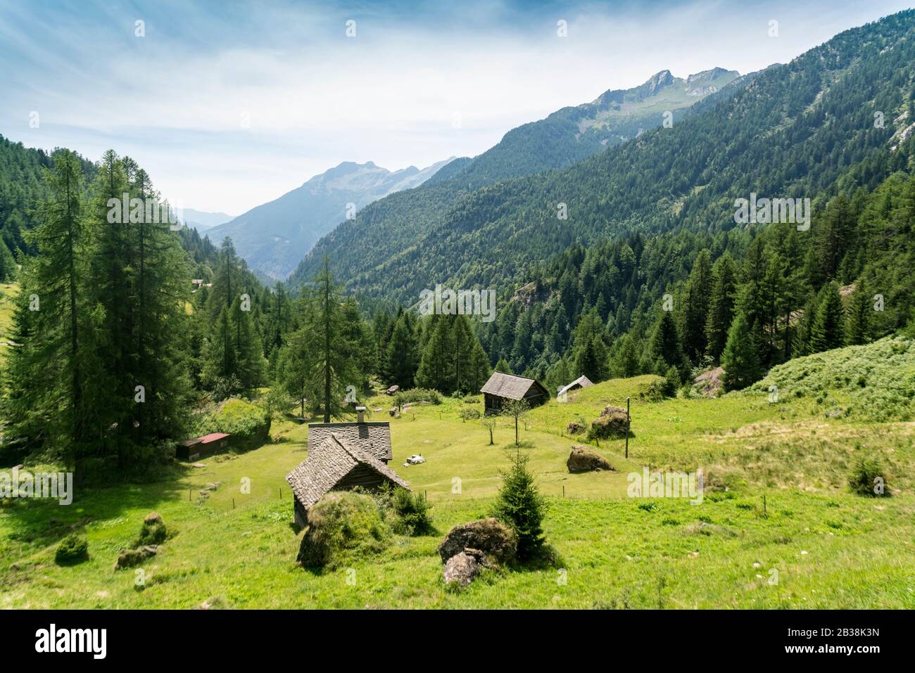 Tal im Tessin im Sommer mit Scheunen und Holzhütten und Alpen Stockfoto