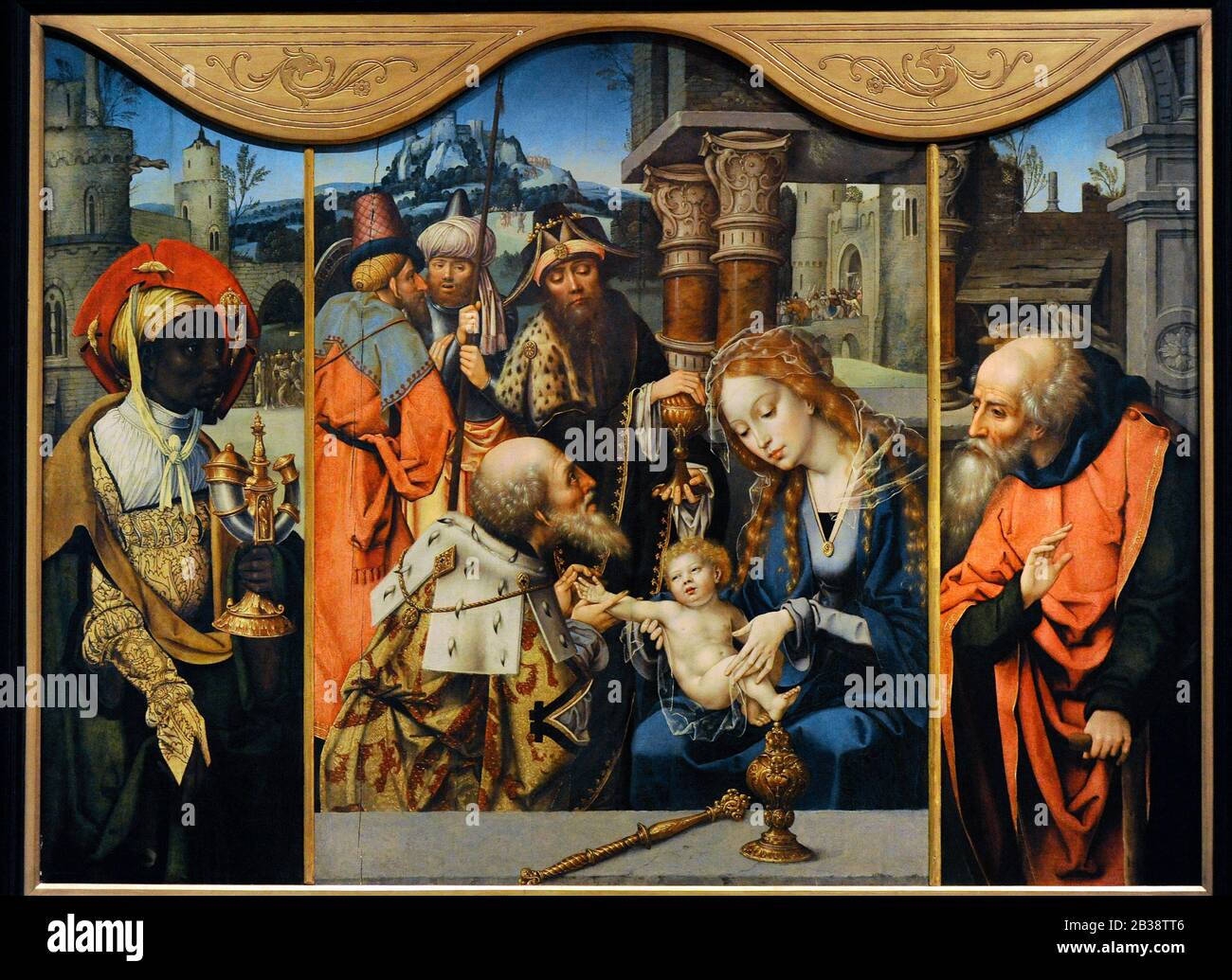 Jan van Dornicke. Erste Hälfte des 16. Jahrhunderts. Triptychon der Anbetung. Lazaro Galdiano Museum. Madrid. Spanien. Stockfoto