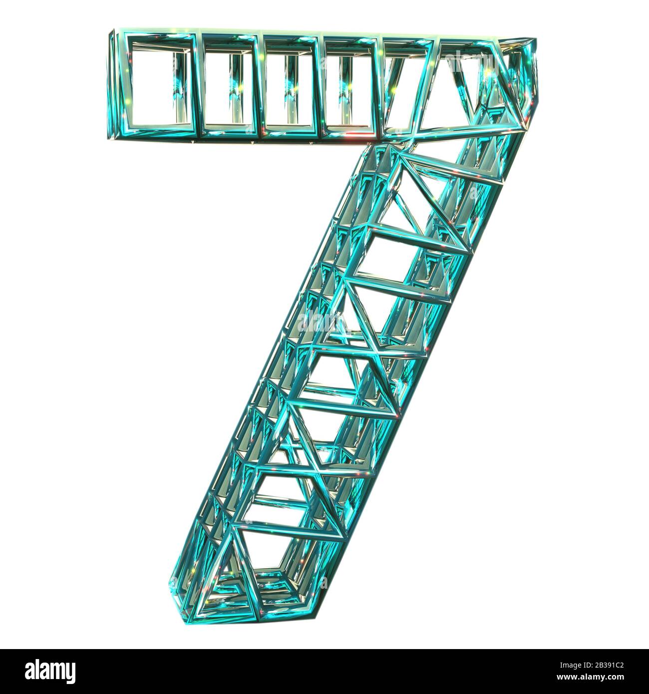 3D-Rendering, Nummer sieben 7. Hochauflösende Symbolwiedergabe löschen. Magic Style Grafik. Klare, Funkelnde Aquamarin. Isoliert auf weißem Hintergrund Stockfoto
