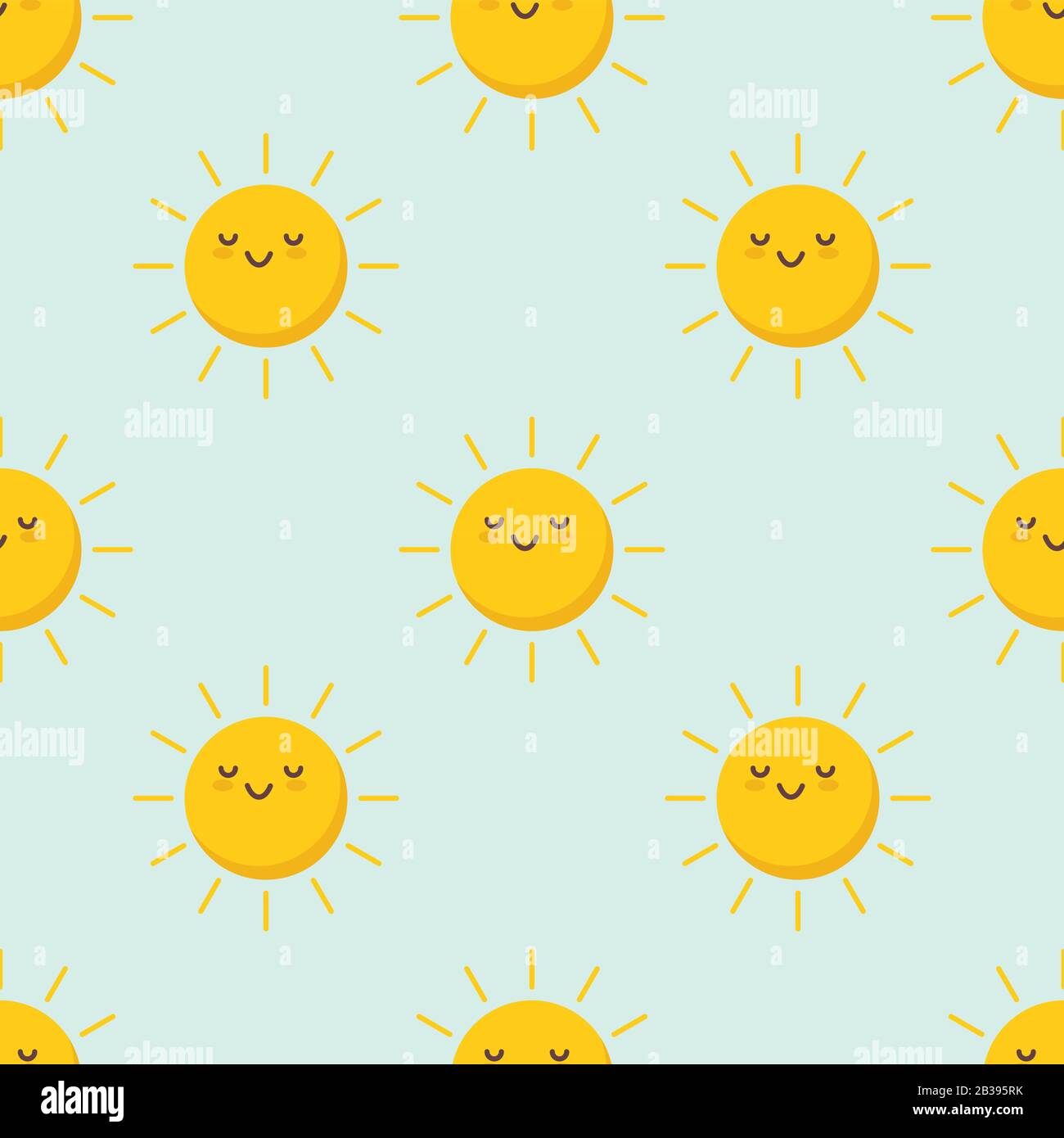 Süßes Vektormuster von SONNENFIGUREN. Lustige fröhliche Smiley-Sonnen für Kindermode, Babyduschen und Geburtstage. Helle und schöne Cartoon nahtlos Stock Vektor